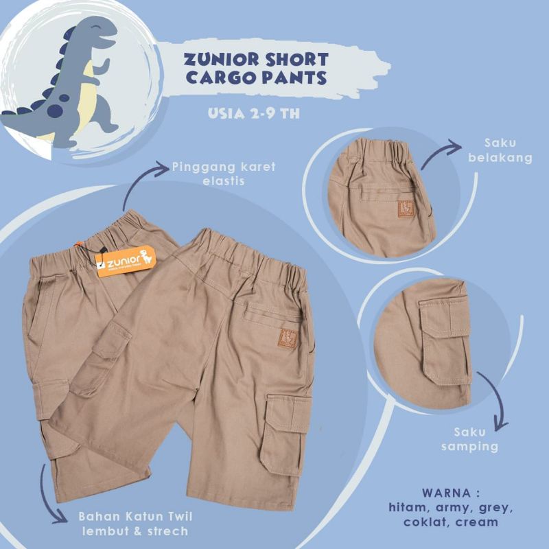 Celana Anak Pendek Cargo Laki-Laki dan Perempuan Zunior Premium 6 Warna 2-12 Tahun