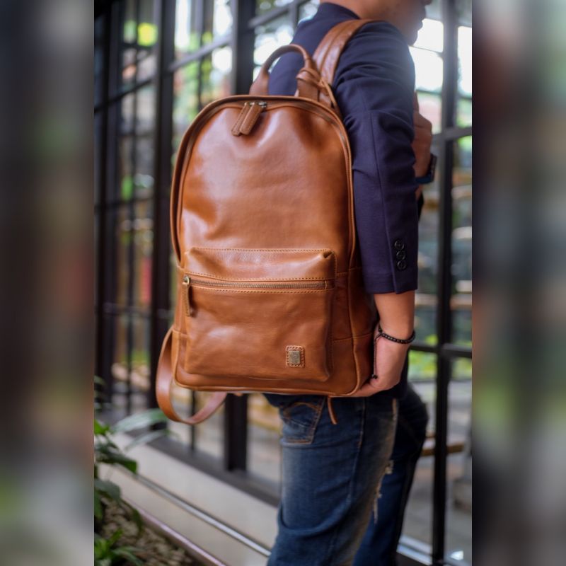 Ransel Pria Tas Punggung Kulit Sapi Asli Backpack Marlin Laptop 14 Inchi Bahan Pull Up Leather Terbaru Tali Adjustable Kekinian Original