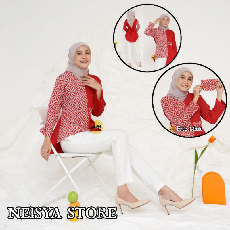 tey-17 Batik wanita ASJ SA HRB026 Kenongo Kemeja Tosca Pendek-Liris Abang