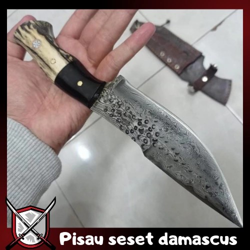 Pisau Seset Kulit - Pisau Bushcraft Multifungsi Seset Skiner Baja Damascus Super Tajam -