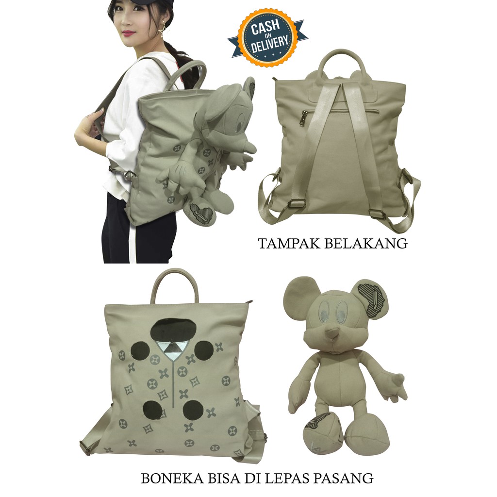 MOJI-Tas Ransel Dan Selempang Wanita Boneka MICKEY / Motif Pattern LV Kualitas PREMIUM