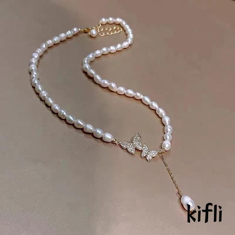 Butterfly Kalung Rantai Liontin Kupu-Kupu Hias Zircon + Mutiara Mewah Ringan Untuk Wanita (KD)