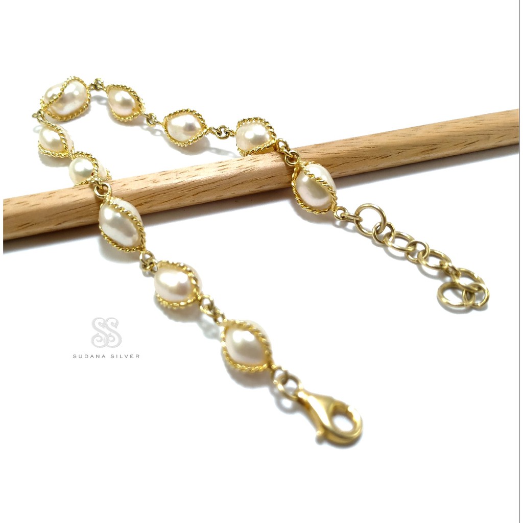 Gelang Mutiara Asli Perak Silver 925 Gold Plated Bali