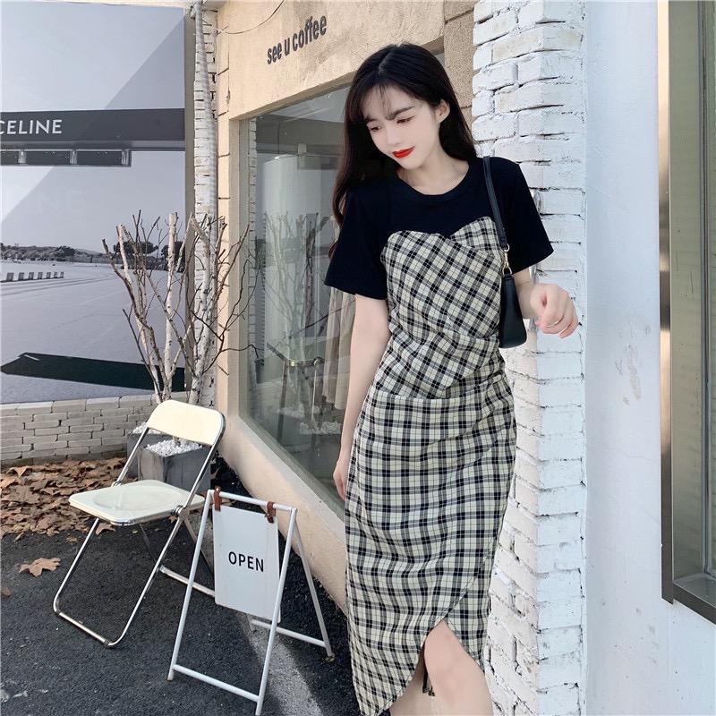 [Llittlecrab] Dress Motif Kotak-Kotak Hitam Putih Fishtail Simple Kasual Elegan Long Dress Sexy Square Pattern Motif Unik Berkualitas Simply Korean Style Dress Pantai Piknik