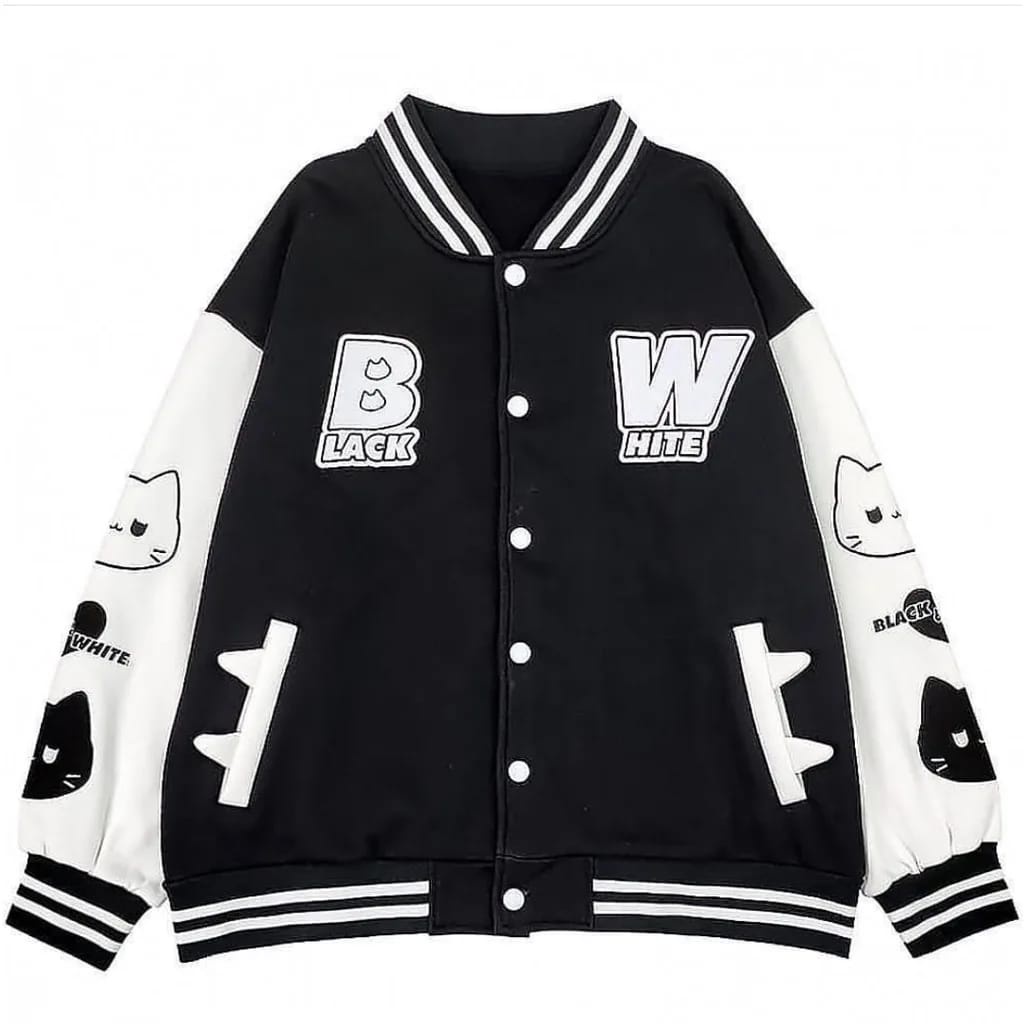 BLACK WHITE CUTE CAT JACKET BASEBALL (MRC)