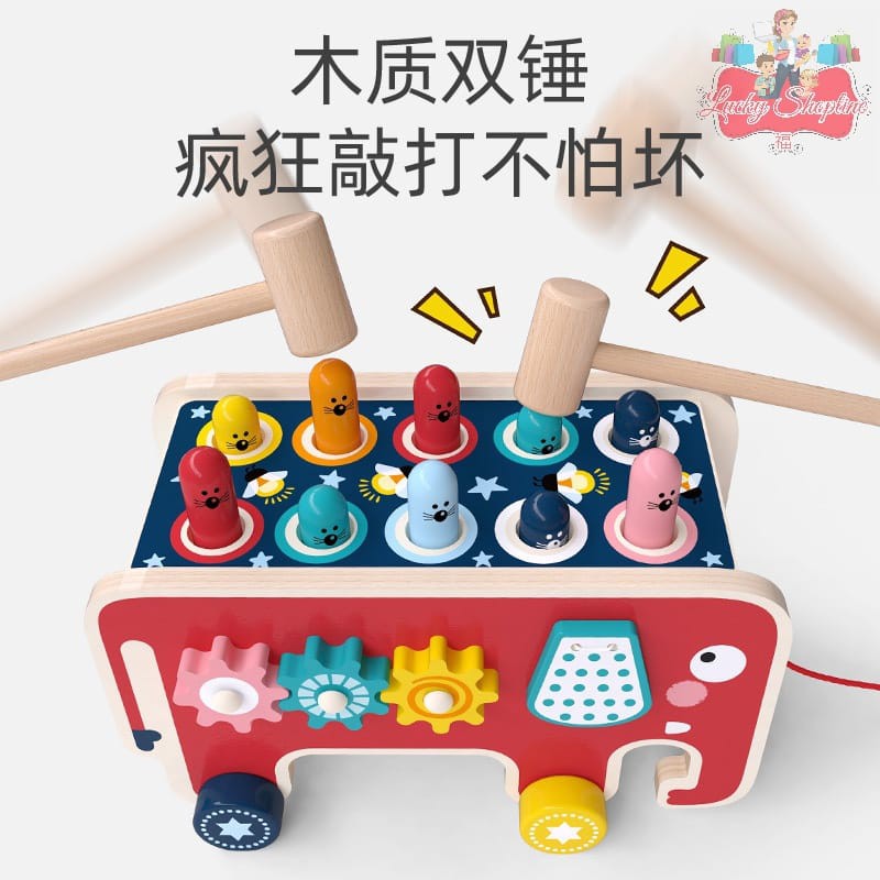 [BIG SALE] elephant hitting hamster wooden knock toys - pull push truck - mainan edukasi anak