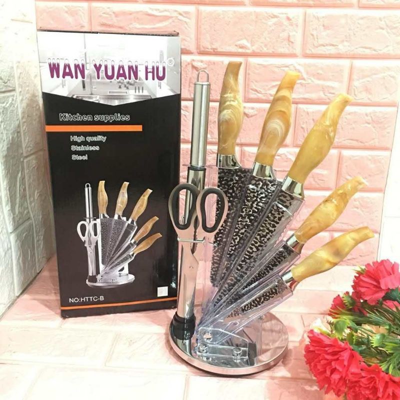 Pisau Set Stainless Steel Pemotong Daging Pisau Koki Gunting Pengasah Motif Serba Guna Dapur