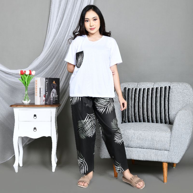 Baju Tidur Piyama Wanita/Cewek Dewasa CP Oblong Celana Panjang Kombinasi Kekinian-CP OBLONG BC.B WHITE