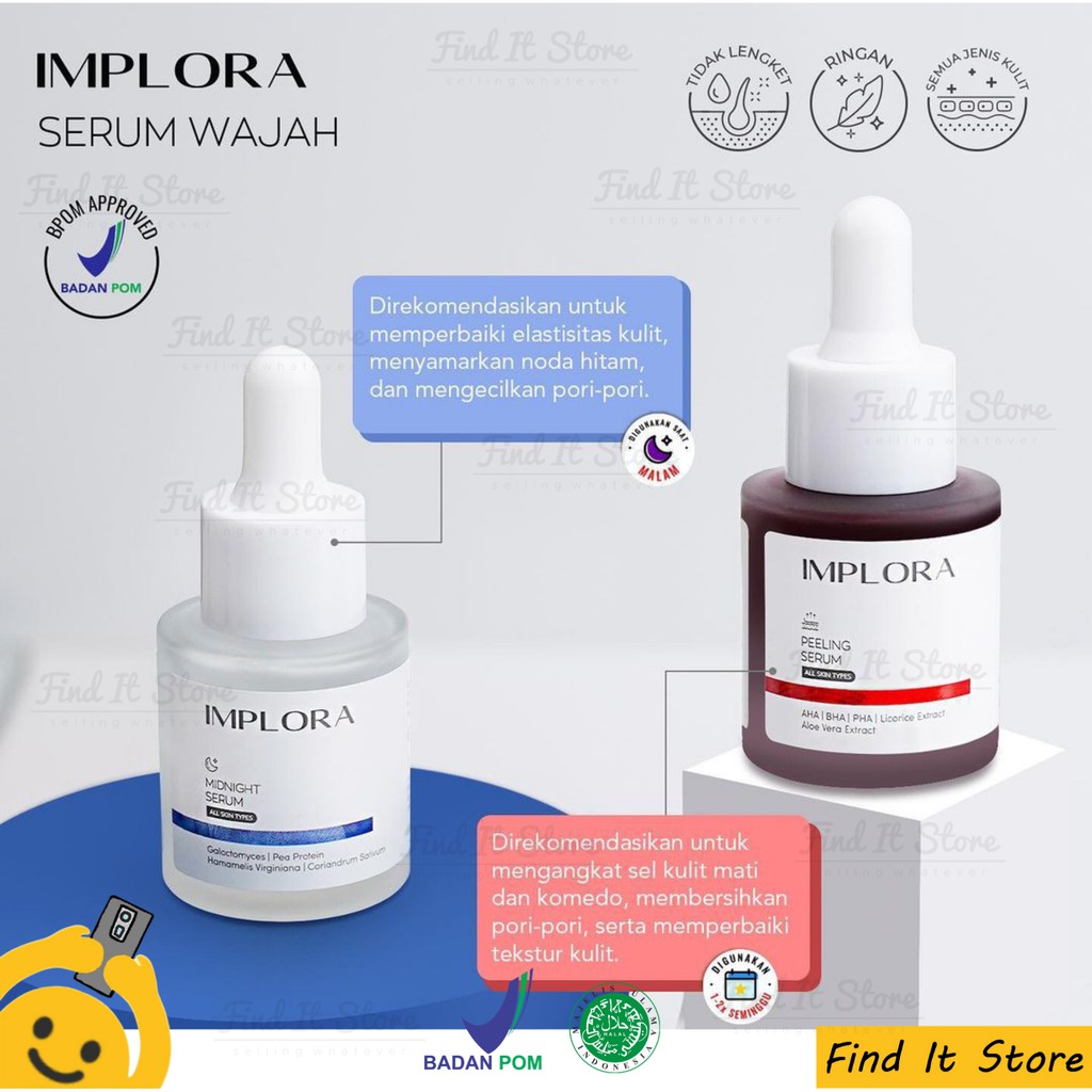 IMPLORA Face Serum | 24K Gold | Hydrating | Acne | Brightening | Peeling | Midnight |Whitening MilkyAmpoule Serum | sunscreen sun shield block tabir surya SPF 40 SPF 30