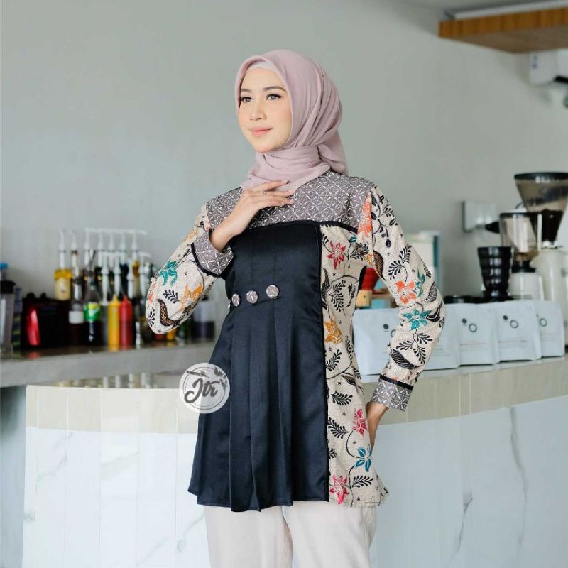 Batik wanita ASJ SA HRB026 Kenongo Kemeja Tosca Pendek-Lora hitam