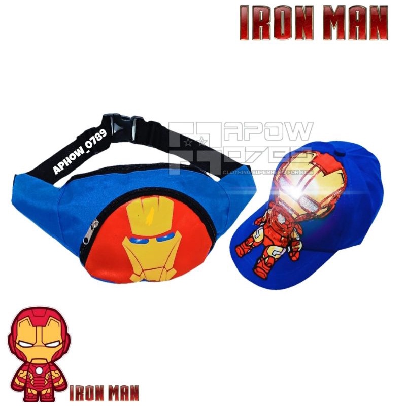 COD 2in1 tas slempang anak dan topi anak motif iron man LED bisa nyala waistbag anak