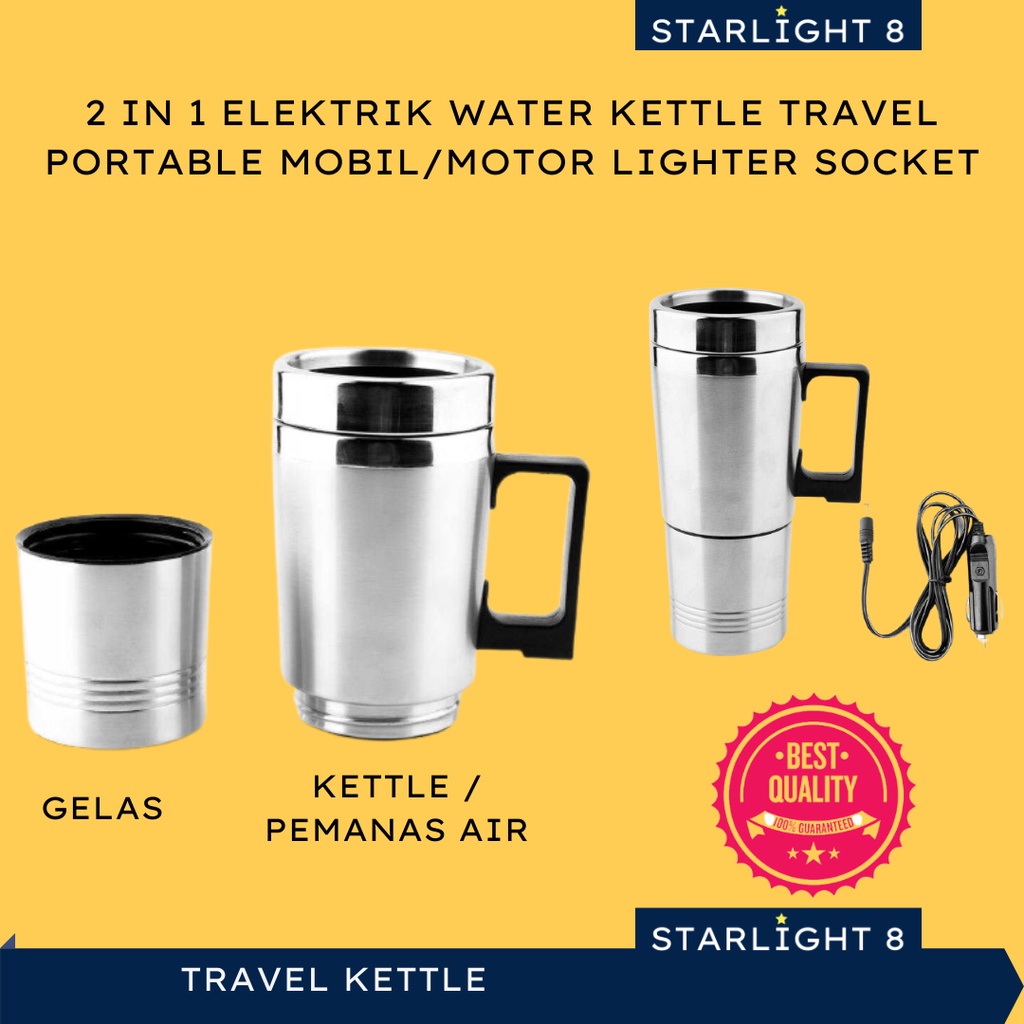 Pemanas Air Mobil Travel Portable Water Kettle Stainless Steel Plus Mug 2in1 Asesoris