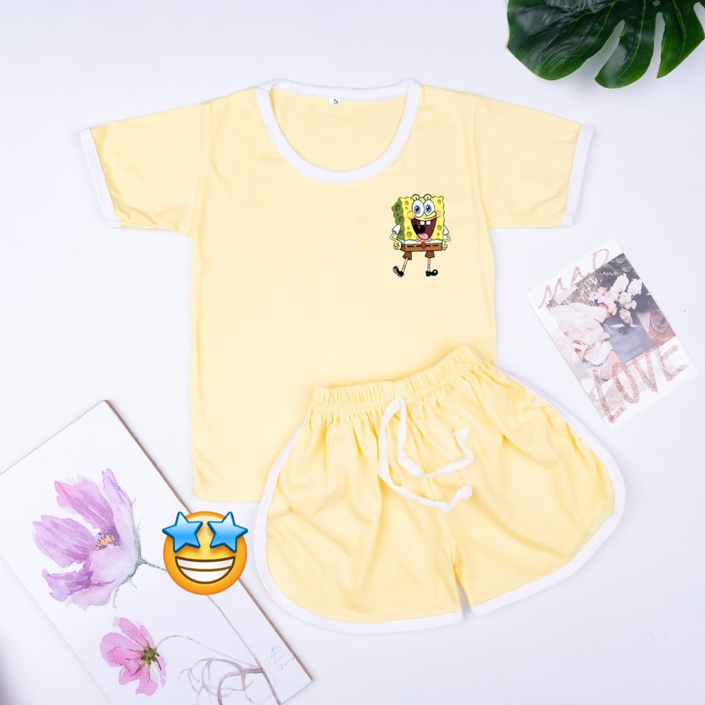 SETELAN PLAYSET CUPA CUP BAJU ANAK KARAKTER DIVA SET ANAK BALITA UNISEX SUPER MURAH-SPONGEBOB KUNING