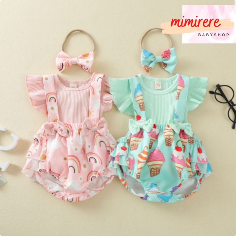 Catell love Overall Ruffle Rib Pendek + Bandana Warna Pastel