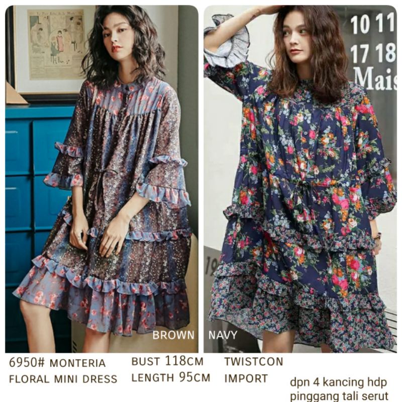 MDLV ~ 6950# Monteria Floral Mini Dress Babydoll Dress Big Size Fashion import