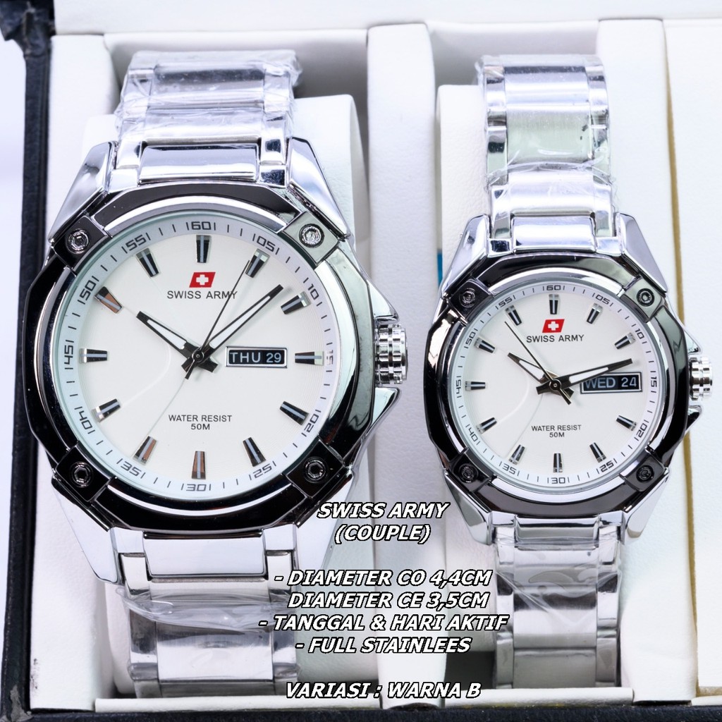 JAM TANGAN COUPLE RANTAI BODY BULAT TANGGAL &amp; HARI AKTIF