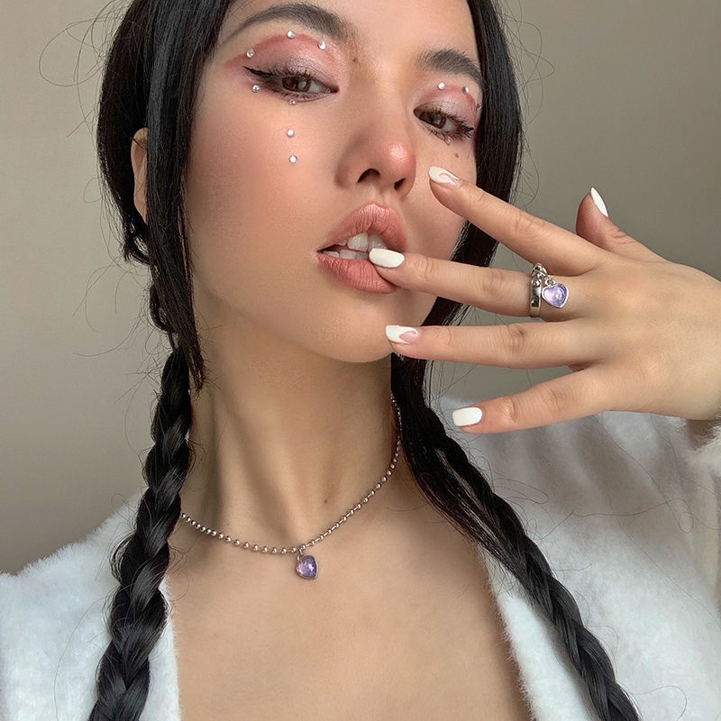 Manis Gadis Keren ungu cinta hati berbentuk cincin Instagram mesh Merah fashion gaya dingin niche mi