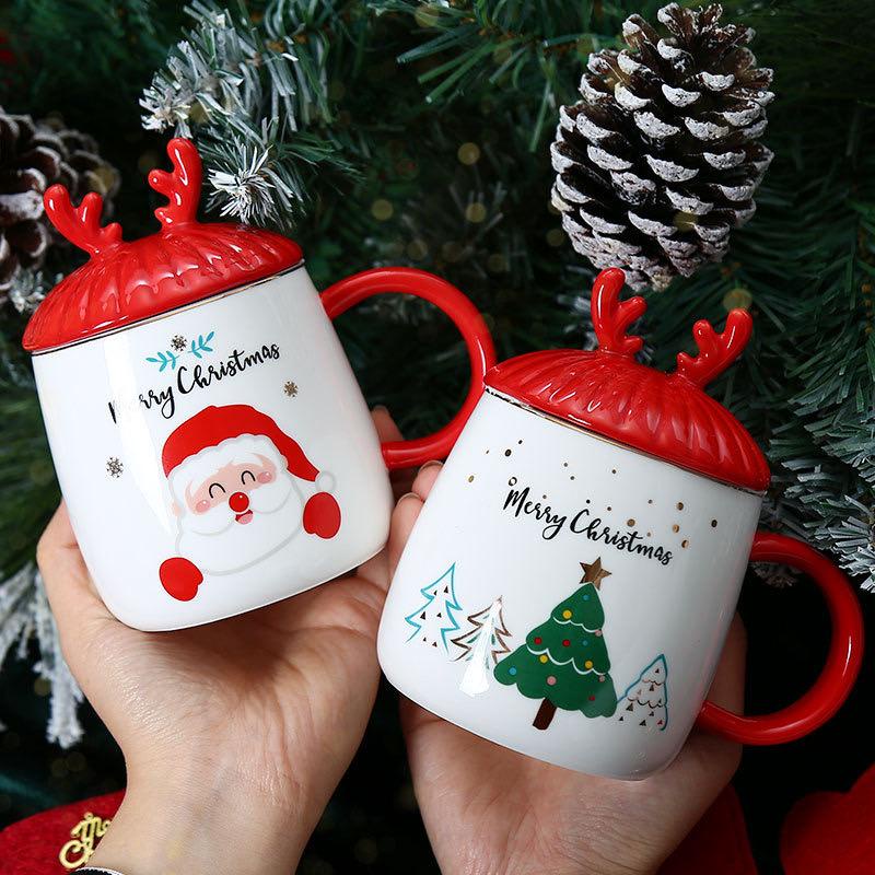 Mug Keramik Natal Cute Antler Lid Cartoon Snowman Ceramic Tea Milk Cup