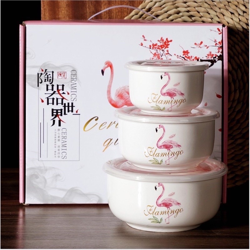 Mangkuk keramik set Flamingo dengan tutup