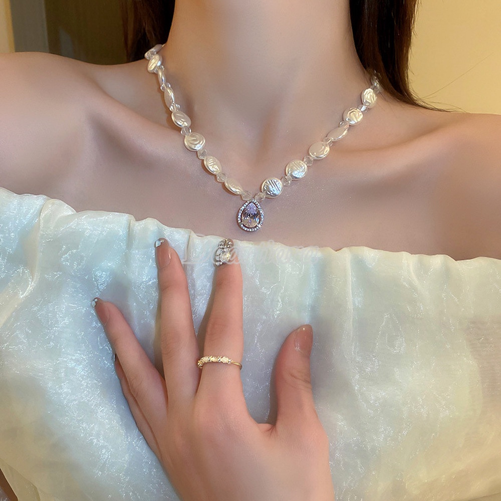 Kalung Rantai Dengan Liontin Kristal Zircon + Mutiara Asimetris Untuk Wanita