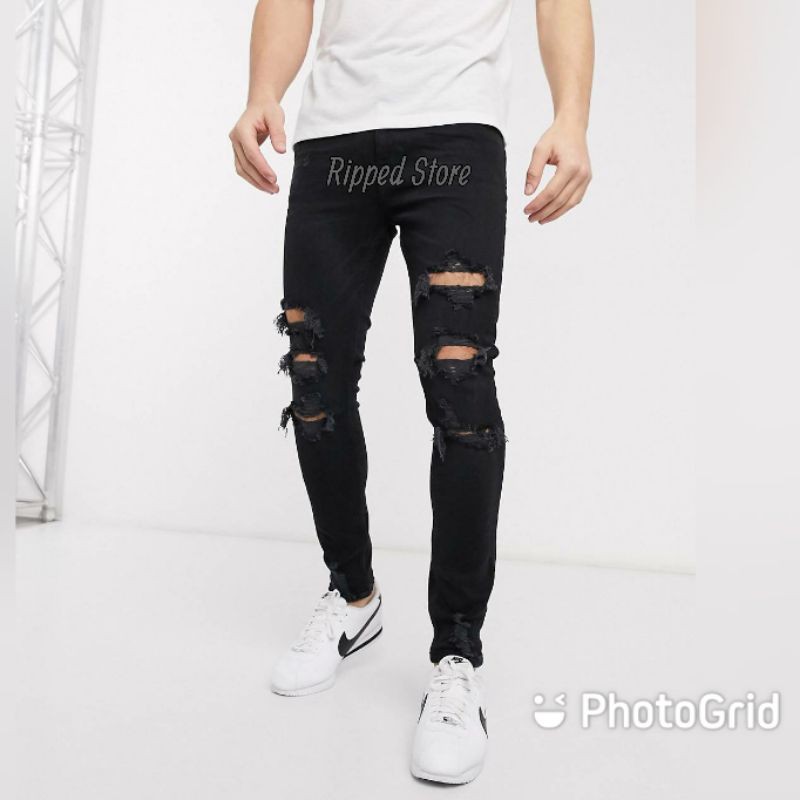 CELANA SOBEK PRIA RIPPED JEANS ROBEK STANDAR BASIC REGULER ABU GREY 27-38