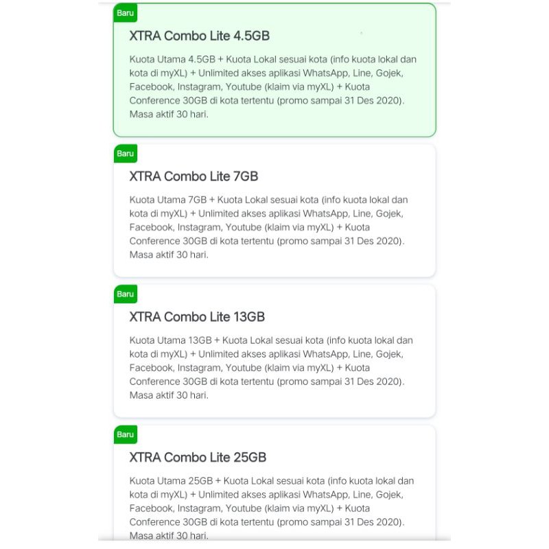 paket xtra combo lite 4.5gb 7gb 13gb 25gb 37gb