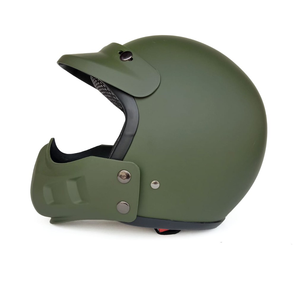 Helm Retro Cakil Modular Hijau Army Doff (Vespa / Klasik / Vintage)