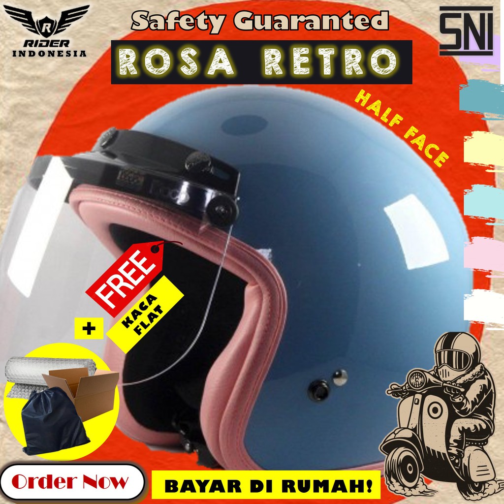 Helm Rimc Rosa Pastel Lilac Blue White Helmet Motor Premium Wanita Polos Classic Retro SNI Half Face