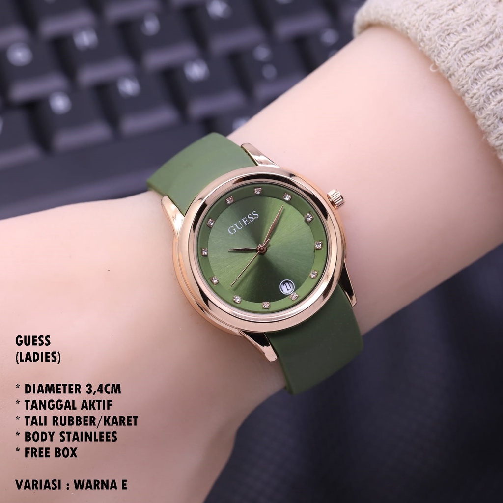 (BISA COD) JAM TANGAN WANITA GUESS TALI RUBBER BODY BULAT TANGGAL AKTIF