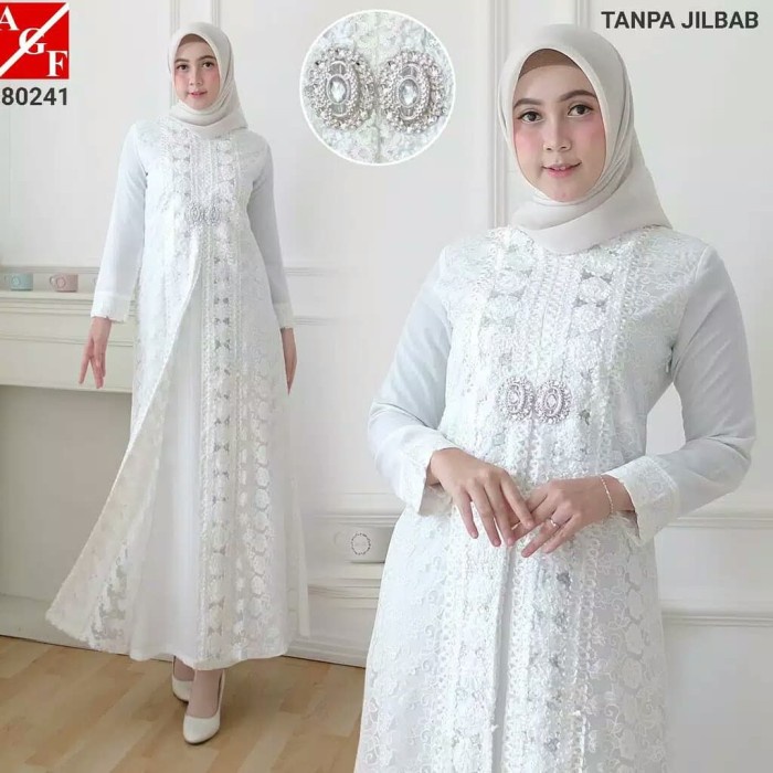 PREMIUM GAMIS PUTIH WANITA GAMIS BRUKAT BAJU MUSLIM - RENDA MANIK, M