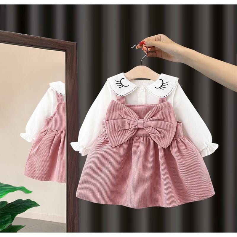 Dress import kerah bordir pita besar anak cewek perempuan