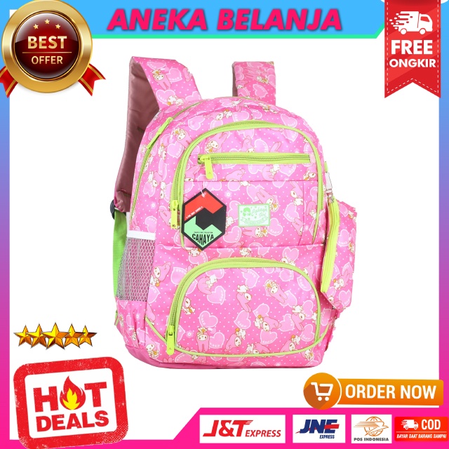Ransel Sekolah Murah Anak Cewek Cahaya Boneka Warna Pink Hijau Free Tempat Pensil dan Raincover