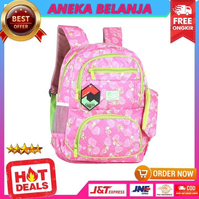 Ransel Sekolah Murah Anak Cewek Cahaya Boneka Warna Pink Hijau Free Tempat Pensil dan Raincover