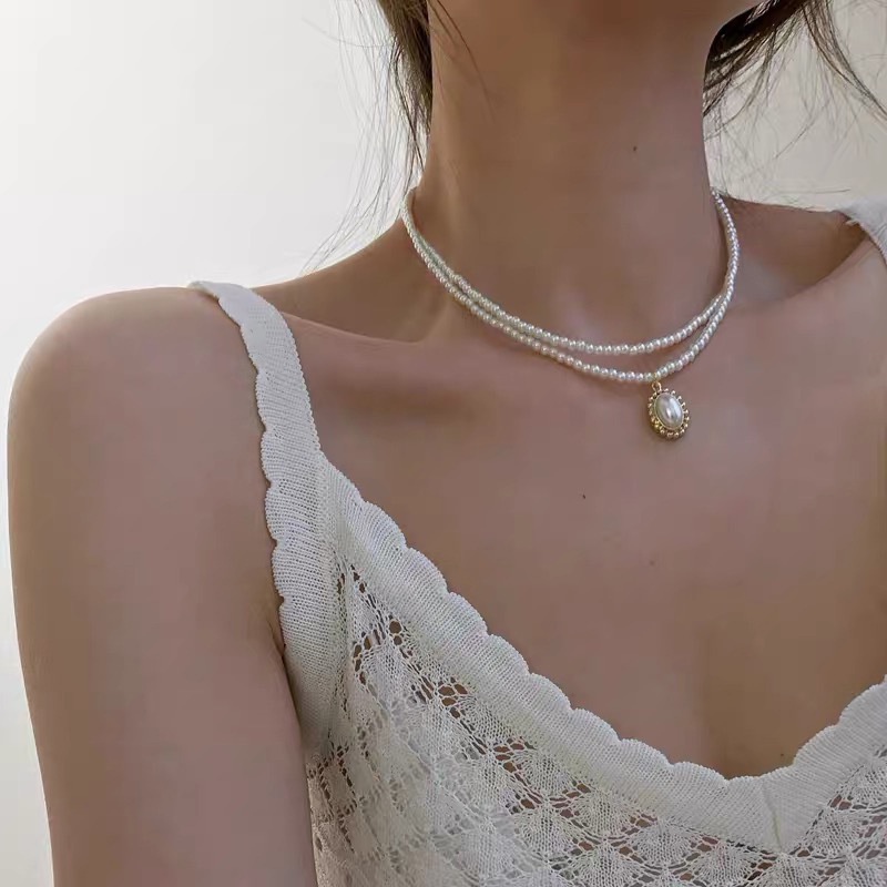 Kalung Rantai Dengan Liontin Mutiara Model Lapis Ganda Gaya Retro Korea