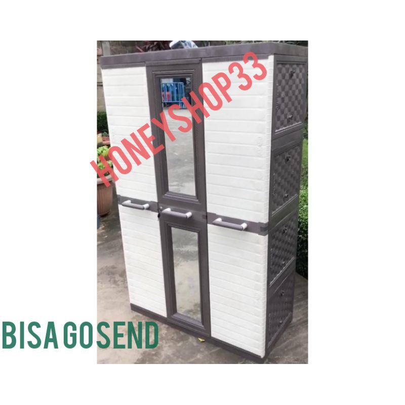 Lemari Pakaian Plastik 3 Pintu Kaca Gantungan Tinggi 170 cm / Lemari Plastik 3 Pintu Kaca Tinggi 170