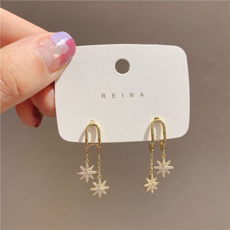 Berlian Berkilau Baris Ganda Delapan-Bintang Rumbai Anting-Anting Temperamen fashion Korea Wanita