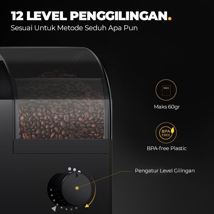 Otten - Mesin Penggiling Biji Kopi Flat Burr (Black) - Electric Coffee Bean Grinder