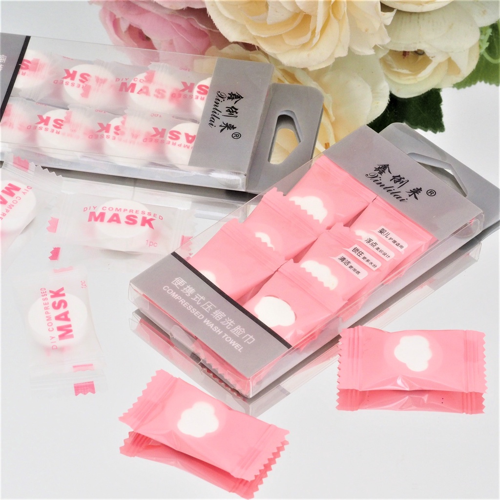 Compressed Mask BOX ISI 8 PCS Compress Facial Sheet Face Paper DIY Masker Permen Wajah Pink Putih