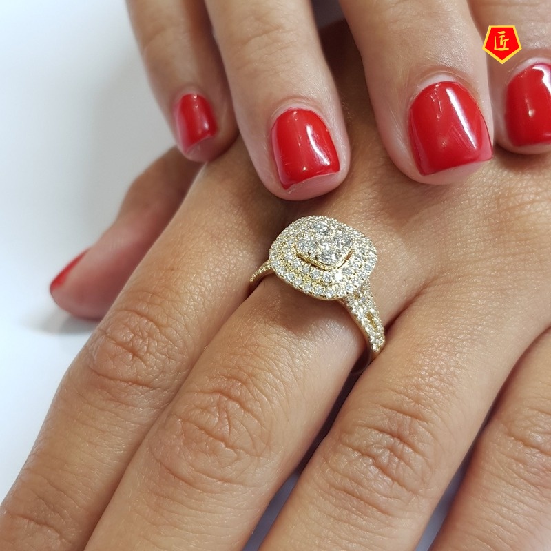 [Ready Stock]Micro-Inlaid Diamond Square Ring 18K Gold Luxury Fashion