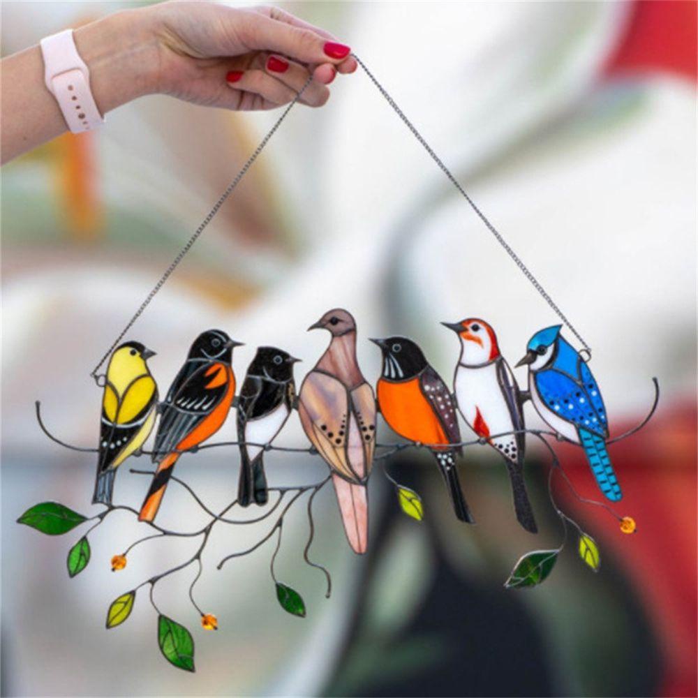 TOP Bird Pendant Door Crafts Wall Hanging Wind Chime Colored Birds Glass Window Hangings