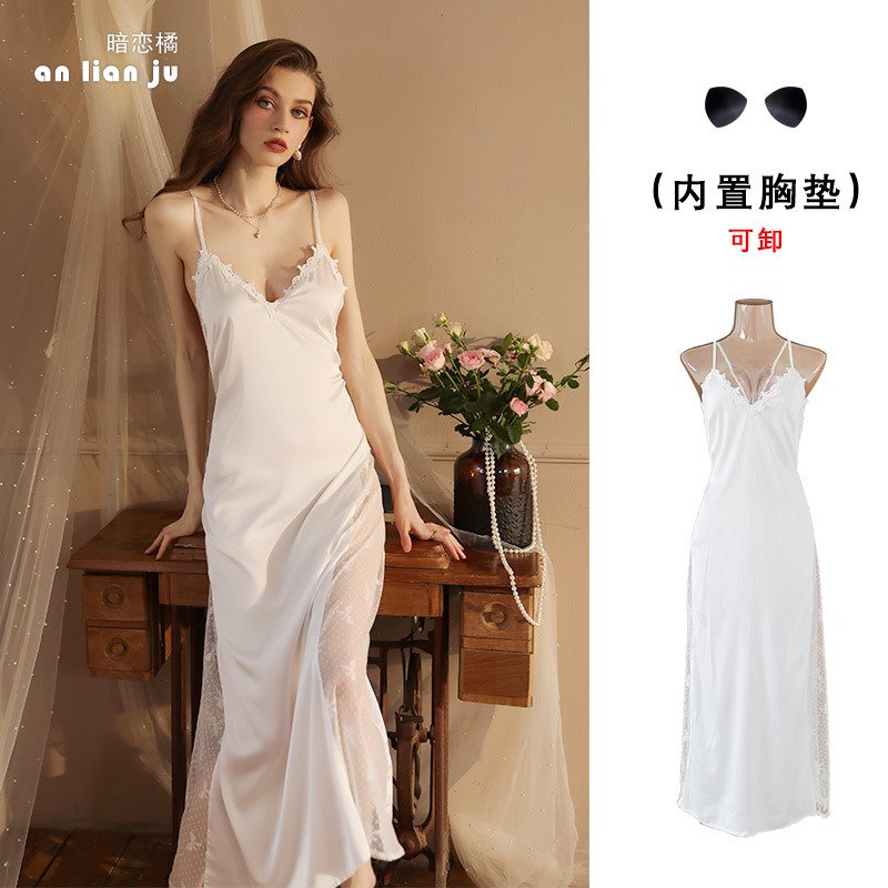 Piyama Pakaian Dalam Satin Mesh Sling Dress Dengan Pad Dada Piyama Wanita Homewear Sling