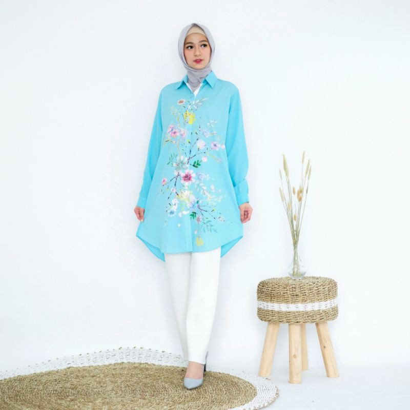 Tunik Kemeja / Long Tunik Biru Tosca Motif Bunga Impor - Kancing Busui