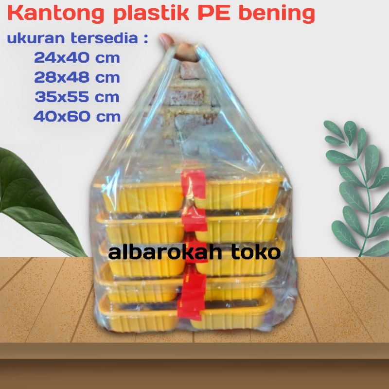 Kantong plastik PE bening berbagai ukuran / kantong tentengan bening transparan tebal ukuran 24, 28, 35 dan 40