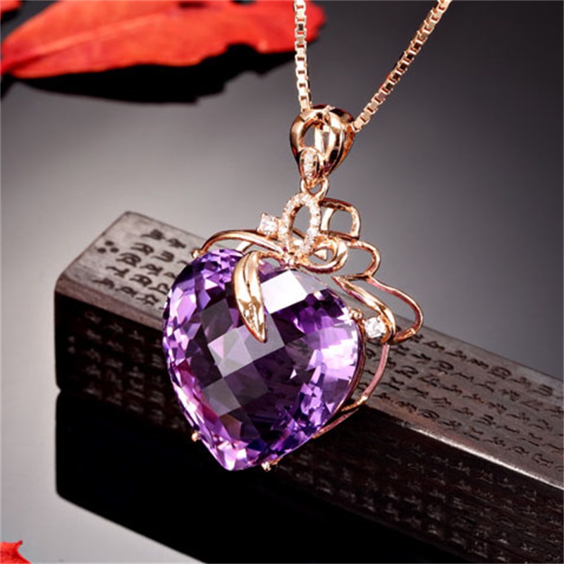 [Ready Stock]Luxury Heart-Shaped Amethyst Pendant 18K Gold Necklace Fashion