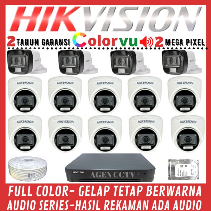 PAKET CCTV HIKVISION COLORVU 2MP 16 CHANNEL 14 KAMERA AUDIO FULL COLOR