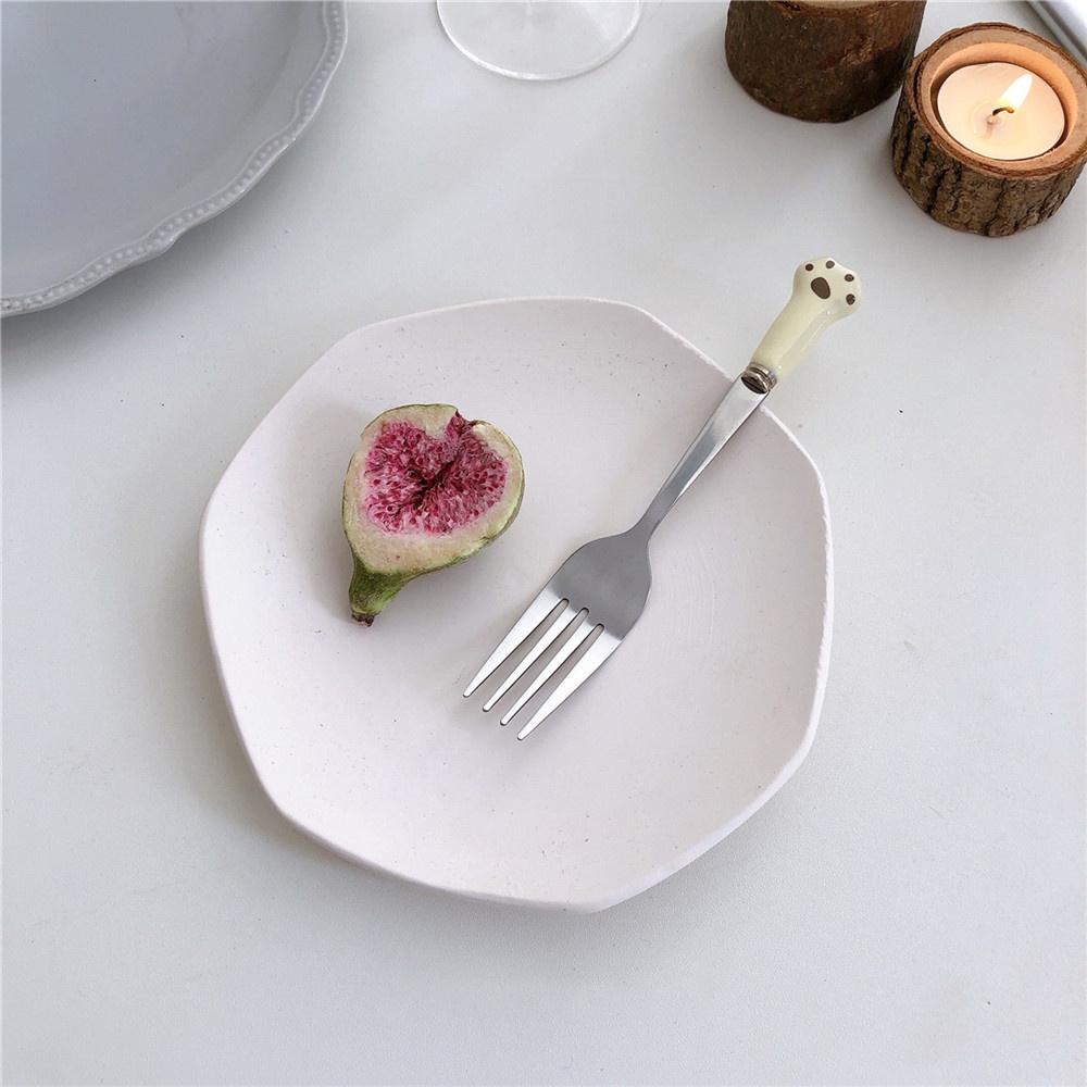 【COD Tangding】Stainless Steel Cartoon Ceramic Handle Cat Claw INS Simple Breakfast Spoon Dessert Cake Fruit Spoon Fork