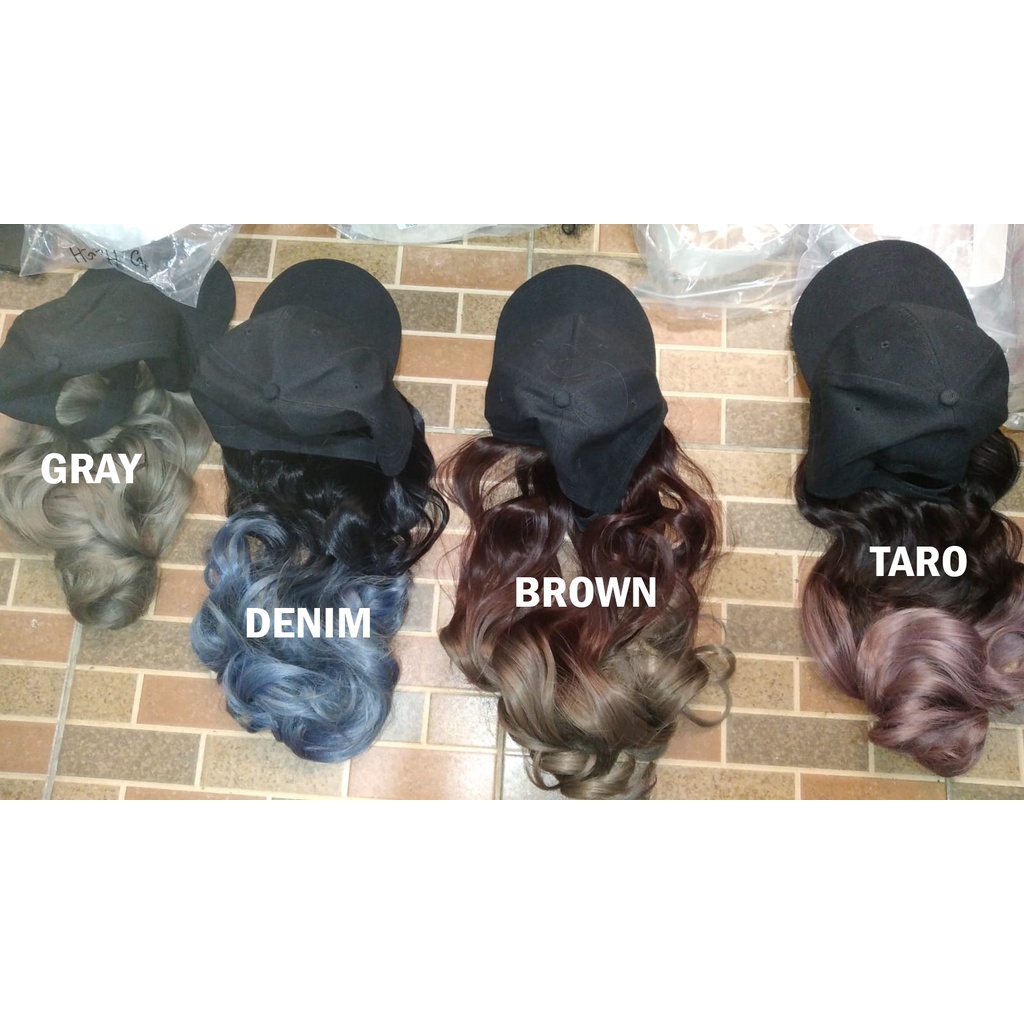 HTG premium half wig topi baseball tebal gradasi abu biru wig hat rambut palsu hair extension lurus wavy