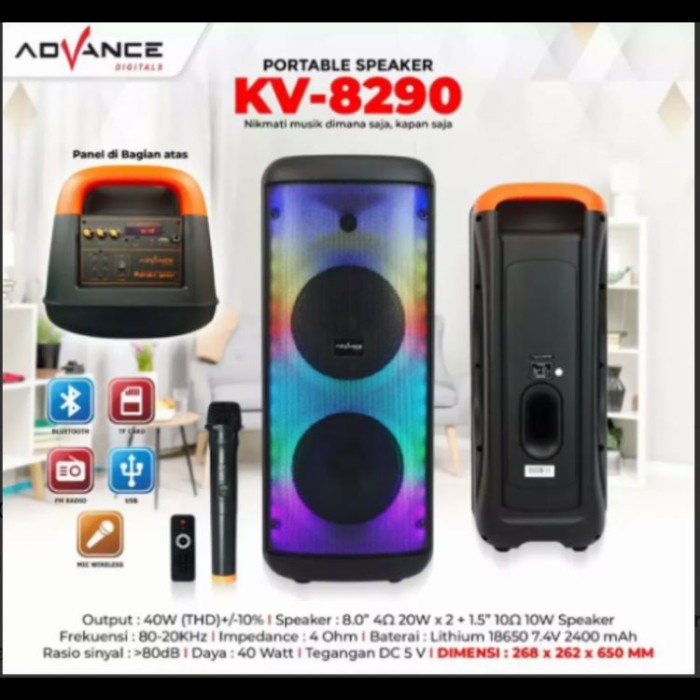 ADVANCE Speaker Portable Bluetooth 2 x 8 Inch KV 8290 / 1 Mic Wireless