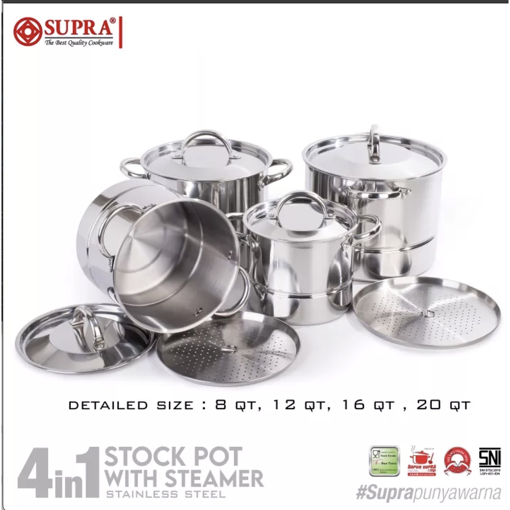 SUPRA Panci Steammer Stainless Steel 4 in 1 Stock Pot Tutup Stainless Steel- Panci Hotel Panci Restaurant