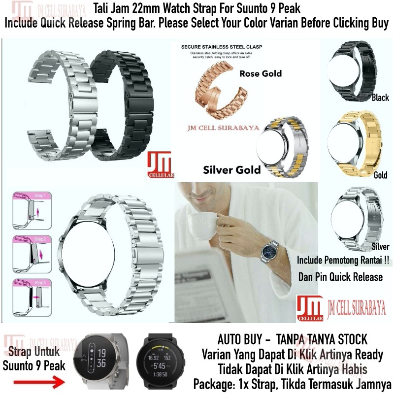 Tali Jam 22mm Watch Strap Suunto 9 Peak / Pro - Stainless Steel Full Metal Padat